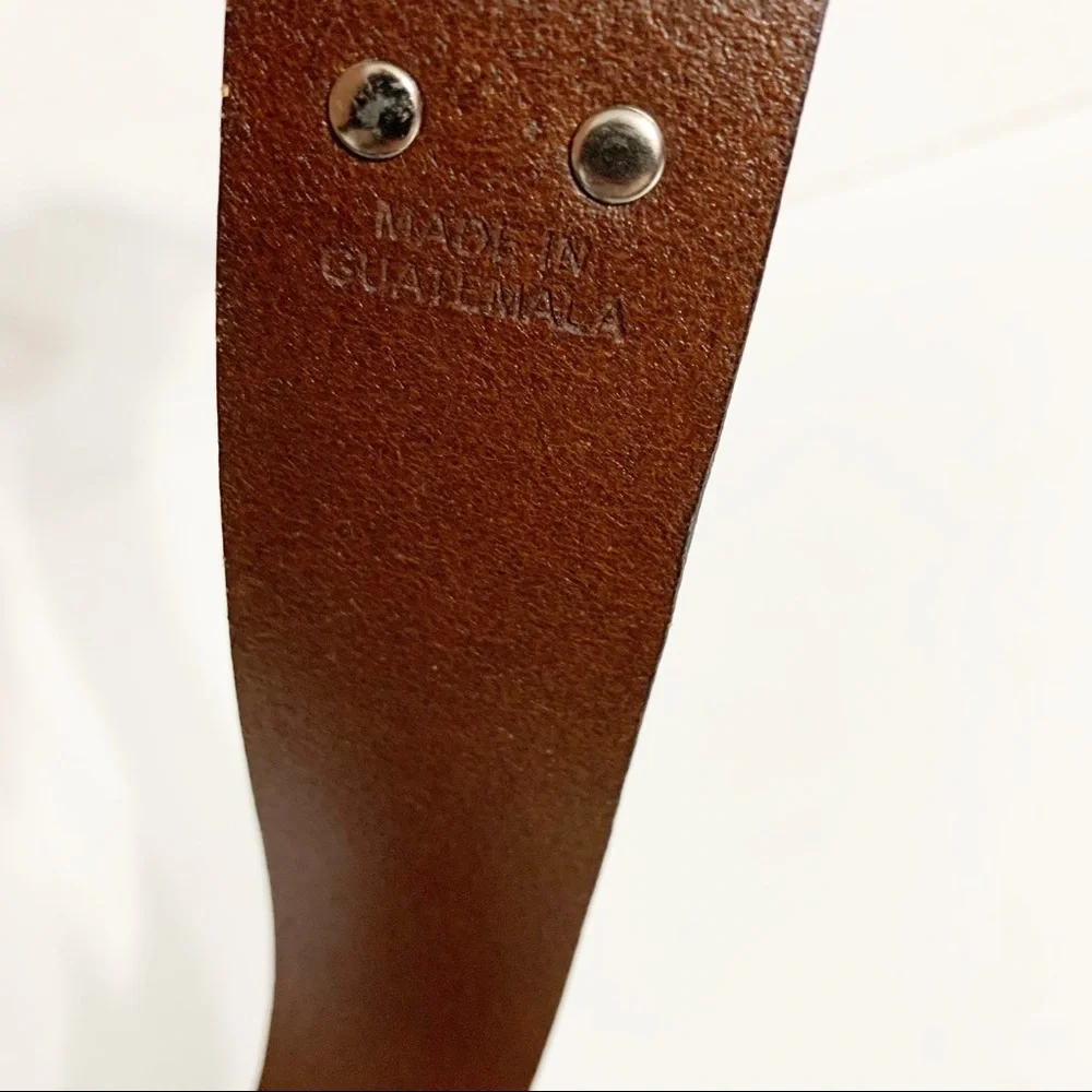 Fossil Textured Leather Belt Silver Toned Hardware Logo Plaque Size 36 Brown 🟫